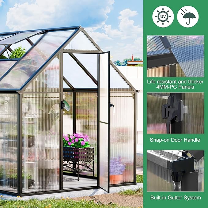 CDCASA 8.2x6.2 FT Greenhouse for Outdoors, Easy Assembly Aluminum Heavy Duty Polycarbonate Greenhouses w/Vent Window, Swing Door, Walk-in Green House for Sunroom Patio, Backyard, Garden,Black