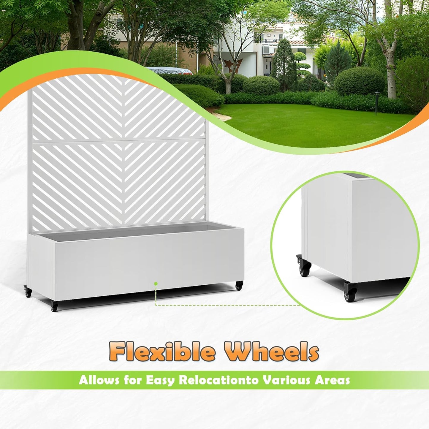 Metal Raised Garden Bed with Trellis, 2-in-1 Planter Box & Privacy Screen for Climbing Plants, Outdoor Standing Flower Bed with Drainage Holes, 47.2" L x 16.7" W x 70.8" H, White-Parallel