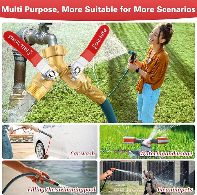 Garden Hose Splitter 2 Way, Brass Water Hose Splitter with Stainless Steel Long Handle, 3/4" GHT Thread Garden Hose Y Splitter, Full Flow Hose Splitter 2 Way Heavy Duty