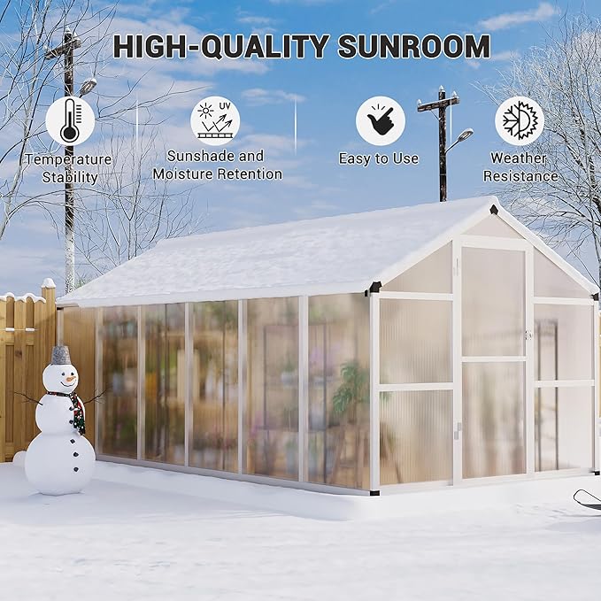 8x12 FT Polycarbonate Greenhouse with Roof Vent - Large Aluminum Walk-in Greenhouse Kit for Gardening, Backyard, Patio, Lawn - Easy Assembly