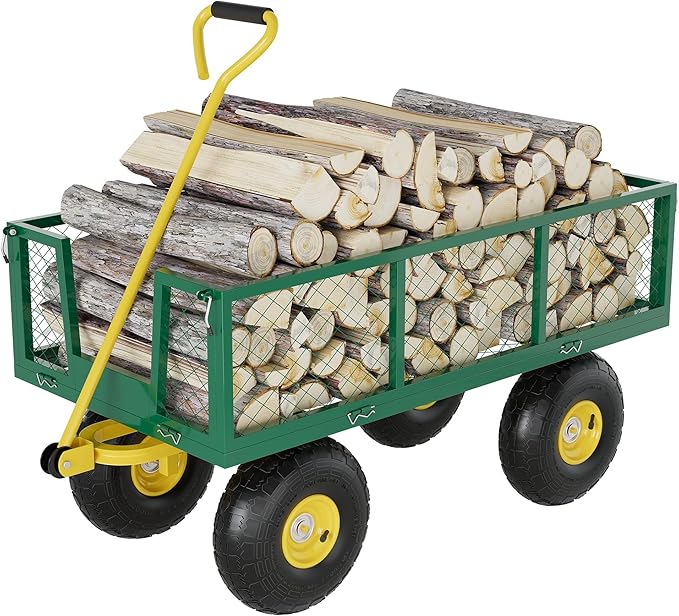 Metal Wagon - 500lbs Garden Cart with 10" Multi-Terrain Tires, 4 Removable Mesh Sides & 180° Swivel Handle, Yard Wagon Cart for Lawn, Yard, Patio Gardening
