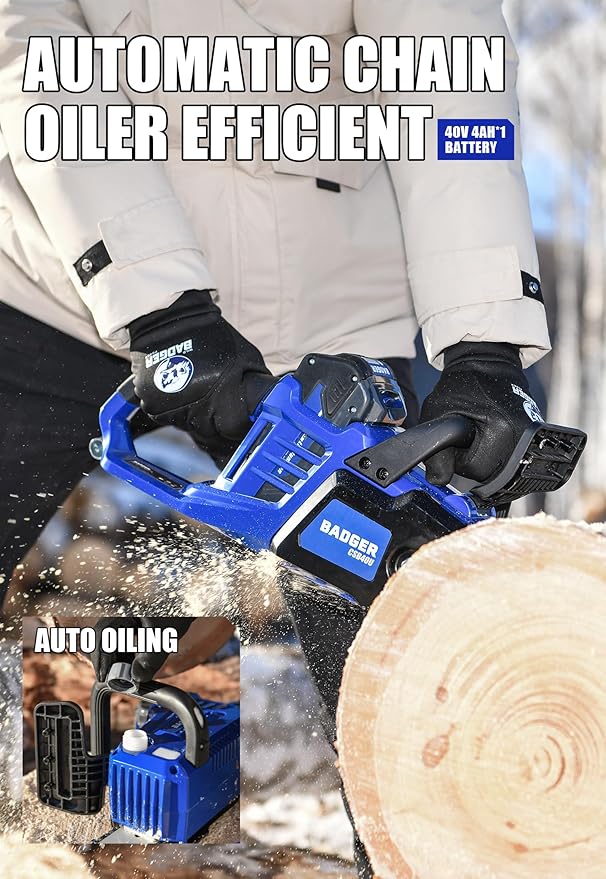 WILD BADGER POWER Electric Chainsaw Cordless 40V 16" Brushless, 4.0 Ah Battery and Charger, Smart Cut technology, Efficient cutting, Safe and Reliable, Great for Tree Felling, Storm Clean-Up, Pruning