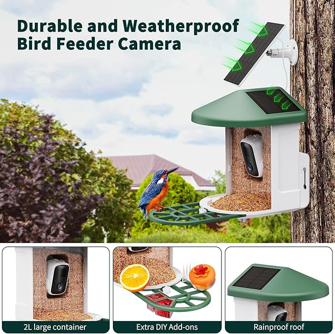 Bird Feeder with Camera with AI Identify Birds Species Solar Panel, Smart Bird House with Cam, 2K Live View, Instant Arrival Alerts