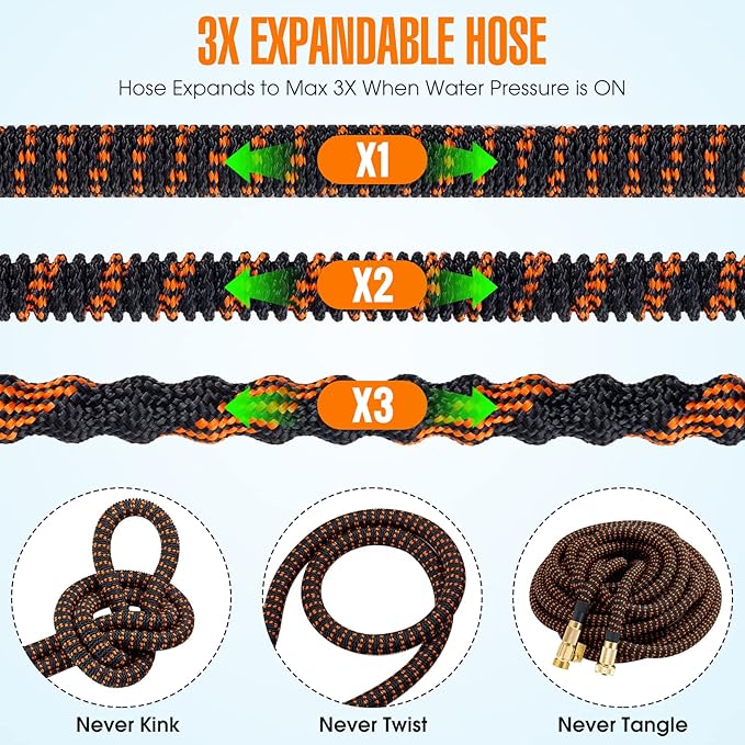 100 ft Expandable Garden Hose, 2025 New Kink Free Flexible Water Hose 100ft with 10 Pattern Spray Nozzle, Leakproof Solid Brass Connectors, Retractable Latex Core, Lightweight Expanding Hose