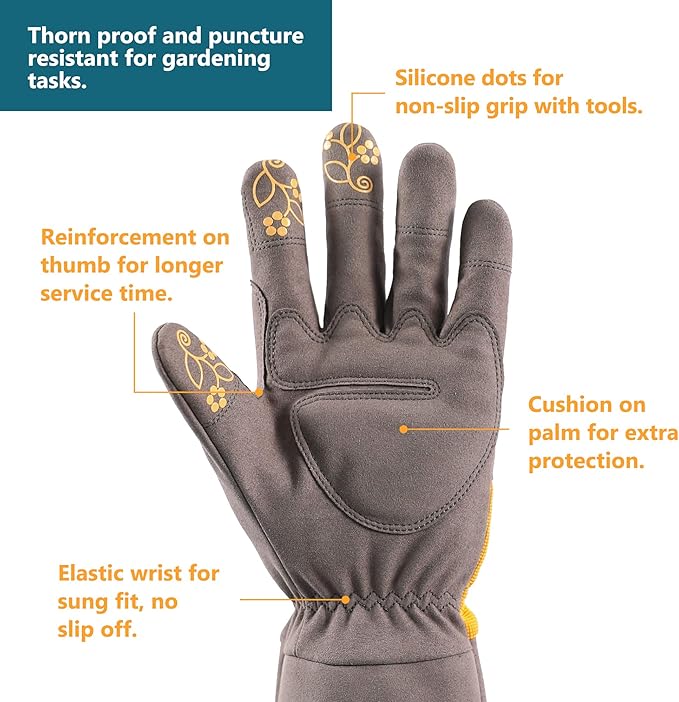 COOLJOB Thorn Proof Rose Pruning Garden Gloves for Women, Long Sleeve Padded Yard Work for Bush, Blackberry, Cactus, Heavy Duty/Puncture Resistant/Machine Washable, Large, Yellow