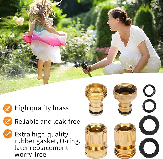 Garden Hose Quick Connect Solid Brass Garden Hose Connector Water Hose Connectors Easy Connect Fittings Standard 3/4 inch GHT, 4 Complete Sets female & Male, Free Washers & Gaskets