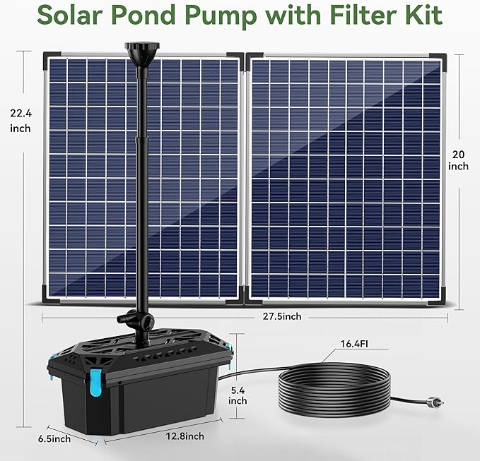 NFESOLAR Pond Filter Fountain with 50W Solar Panel, 580 GPH Water Pump, 10 FT Extension Cord, Solar Fountain Pump with Pond Filter Box Outdoor for Koi Ponds Water Feature Waterfall Pool