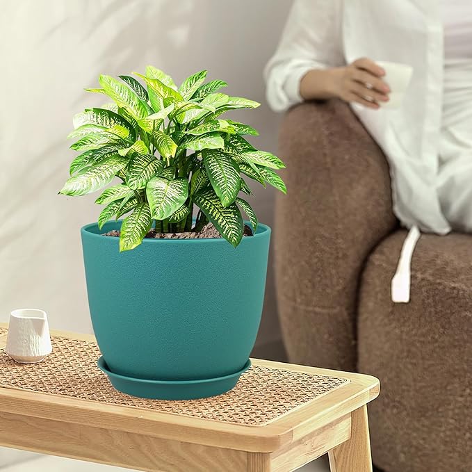 Flower Pots 10/9/8 inch, Set of 3 Modern Decorative Plastic Planters with Drainage Holes and Tray for House Plants Indoor Flowers Plants, Plant Pots for Indoor Outdoor Plants, Blue Green