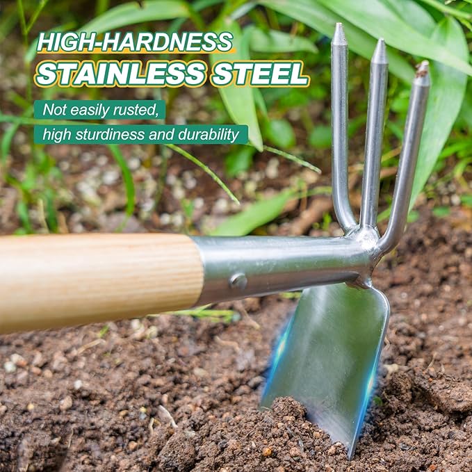 Berry&Bird 2IN1 Hand Tools Hoe and Cultivator, Stainless Steel Garden Hand Tiller and Pickaxes with Wooden Handle, 14''Weeding Hoes for Digging, Loosening Soil, Cultivating, Planting and Farming Tool
