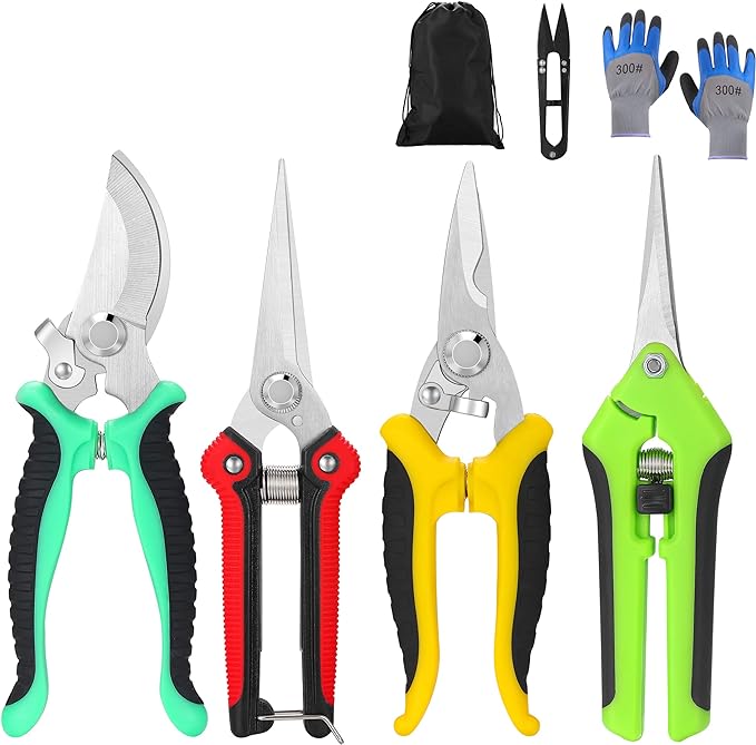 5โPiece Garden Pruning Shears Set with Gloves & Storage Bag โ Stainless Steel Trimming Scissors for Flowers, Herbs & Small Branches โ Ergonomic Gardening Tools Kit (Multi-color)