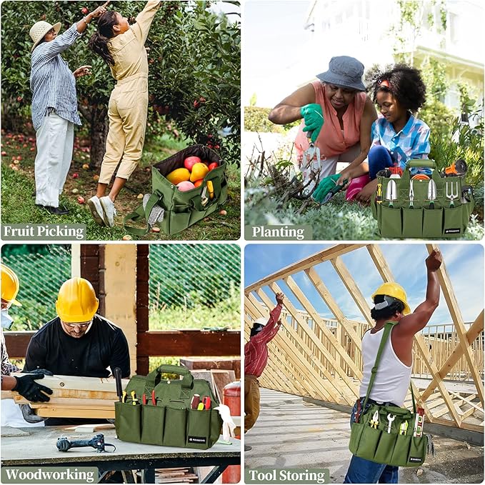 Garden Tote Bag, Gardening Tool Bag Organizer with Pockets & Handle, 900D Heavy Duty Garden Storage Bag with Long Adjustable Shoulder Strap for Tools, Green