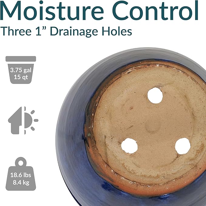 Sunnydaze Large Ceramic Plant Pot - Round Outdoor Glazed Ceramic Planter Pot with Drainage - Chalet - Imperial Blue - 14.5"