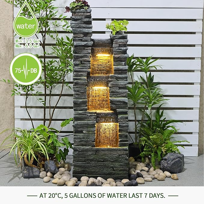 47 in High Water Fountain Outdoor Garden 3 Tier Cascading Large Outdoor Fountains and Waterfalls with LED Lights for Garden, Patio, Backyard, Deck, Porch and Home Art Decor, Natural Stones