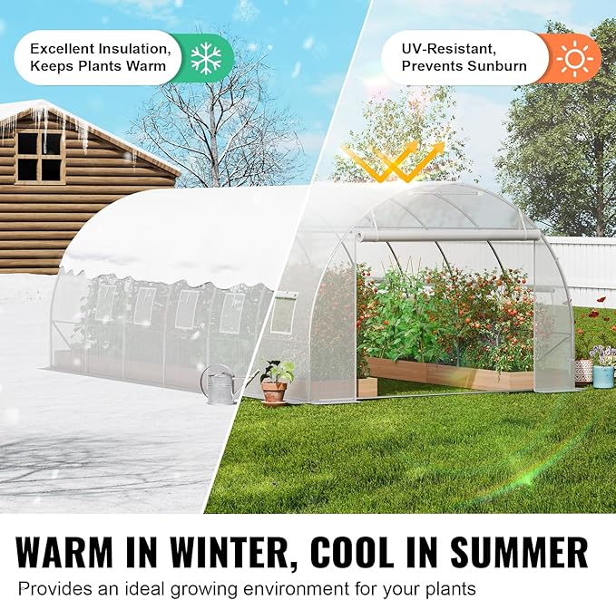 VEVOR Walk-in Tunnel Greenhouse, 19.4x9.7x6.5 ft Hoop House Greenhouse Tunnel, Plant Hot House with Galvanized Steel Frame, White PE Cover, Roll-up Zipper Door and 12 Windows for Outdoor