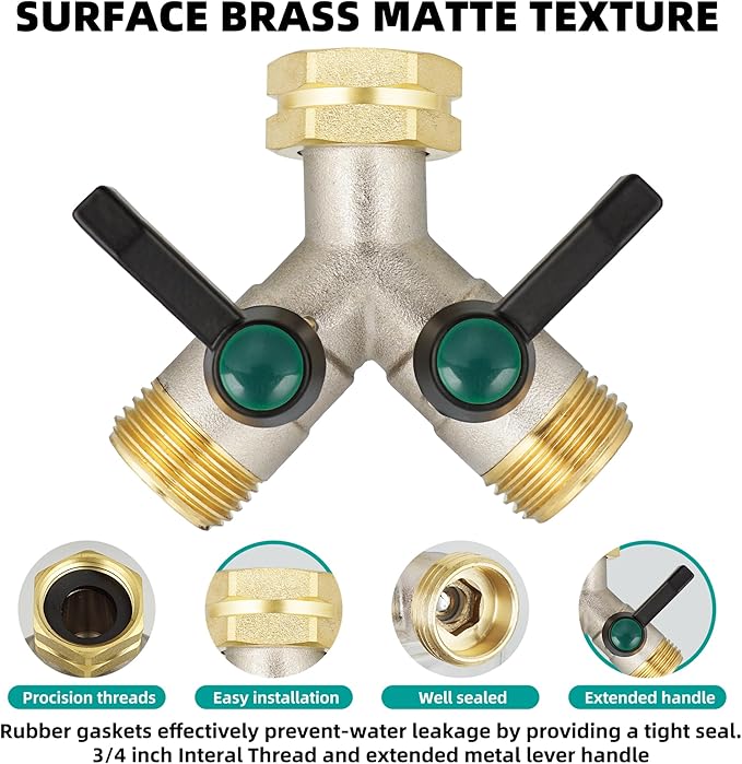 Hose Splitter 2 Way Heavy Duty, Brass Garden Hose Splitter, Faucet 2 Way hose connector, long handle 2 Way Splitter, Outdoor Faucet Splitters, Y Valve 3/4" GHT Thread.