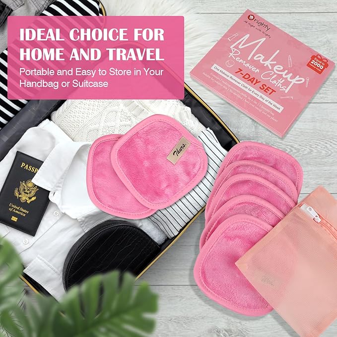 Orighty Makeup Remover Cloths 7-Day Set, Premium & Reusable Makeup Remover Pads, Erase Make-up With Just Water, Make-up Set For Eyes, Lips, Foundation and more, Ideal Choice For Women (Pink)
