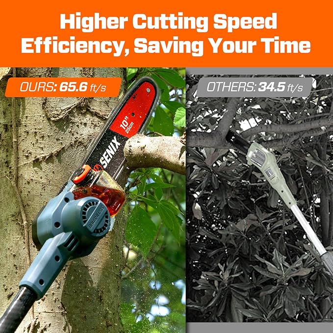 SENIX 10" Cordless Pole Saw, X6 60V Max 3.0Ah Battery Powered Pole Saw with 14ft Reach Carbon Fiber Telescoping Pole, 65.5ft/s Cutting Speed for Pruning and Trimming Branches(CSPX6-M)