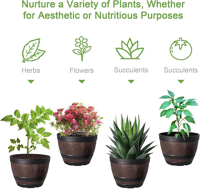 VECELO Plant Pots with Drainage Holes & Saucer, 9/11.3/13 Inch Flower Pots with Tray, 3 Pack Plastic Whiskey Barrel Planters for Indoor & Outdoor Garden Home Plants and Flowers
