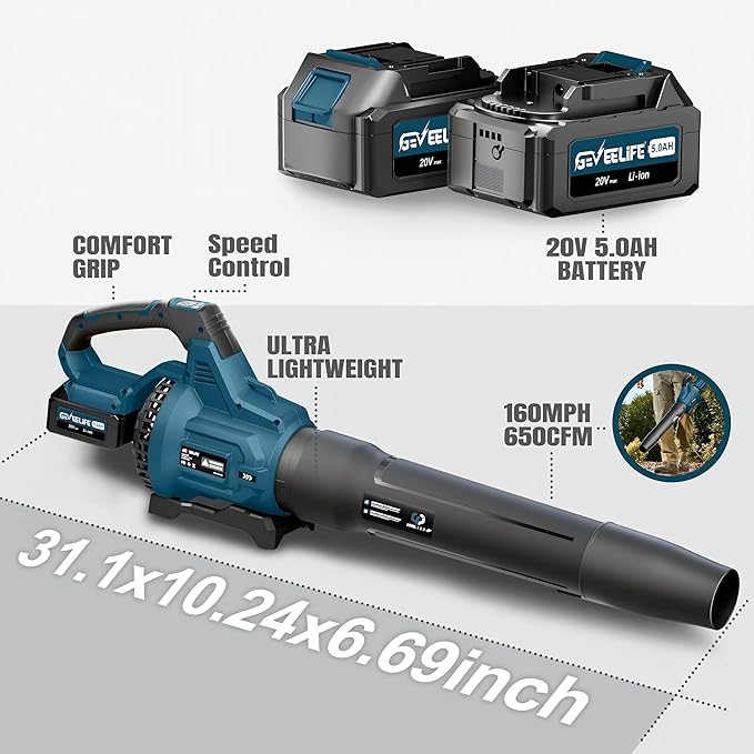 GEVEELIFE Leaf Blower Cordless, 650CFM & 3 Speed Levels, Electric Cordless Leaf Blower with 2 * 5.0Ah Battery Powered, Blowers for Lawn Care, Yard, Blowing Leaves, Dust, Snow
