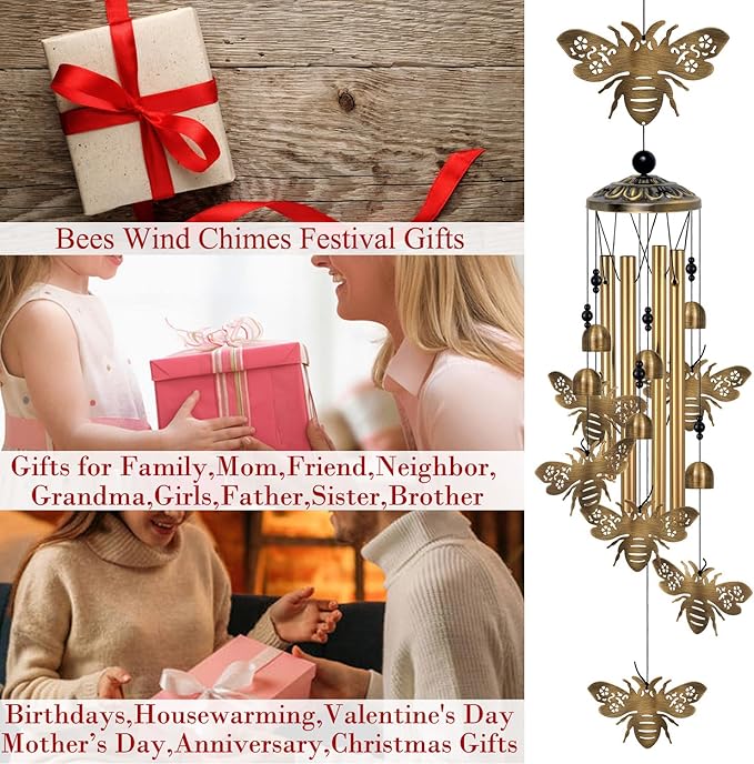Outdoor Bee Wind Chimes Decor, Portable Wind Chime, Mobile Wind Catcher, Memorial Wind Bells with 7 Bees for Home, Yard, Patio, Trees, Garden Decoration, Valentines Gift, Festival Gift for Mom