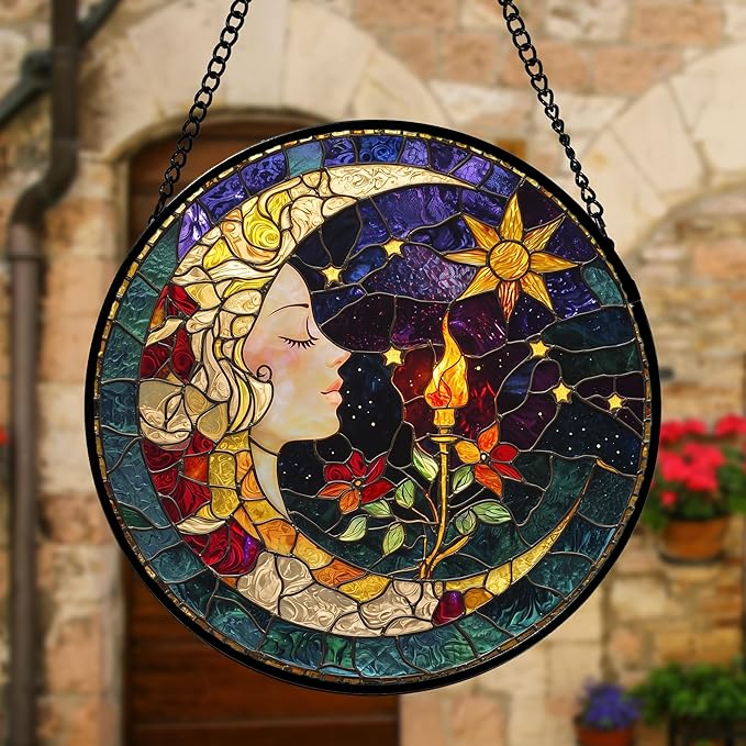 Stained Glass Window Hanging, Moon Goddess Torch Suncatcher Diamond Glass Panel Hangings Dream Sun Catchers Decor for Birthday for Women, Men, Wife, Aunt, and Mom 7.8 in