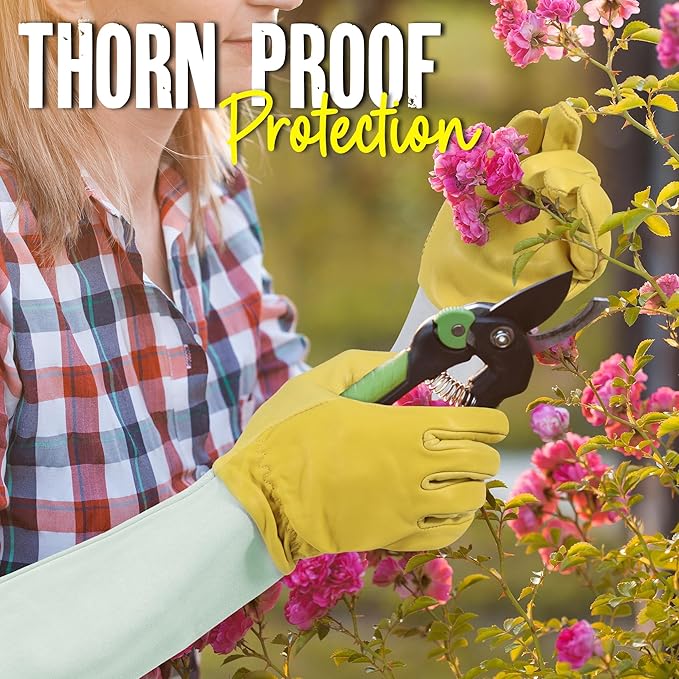 HANDLANDY Rose Gloves for Men & Women, Long Leather Gardening Gloves Thorn Proof, Best Garden Gifts & Tools for Gardener (Yellow-beige, Small (Pack of 1))