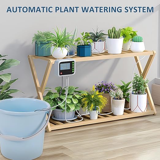 SoulBay Automatic Indoor Drip Irrigation Kit, Programmable Water Timer LCD Display, Self Watering System for 15 Potted Plants, USB Rechargeable