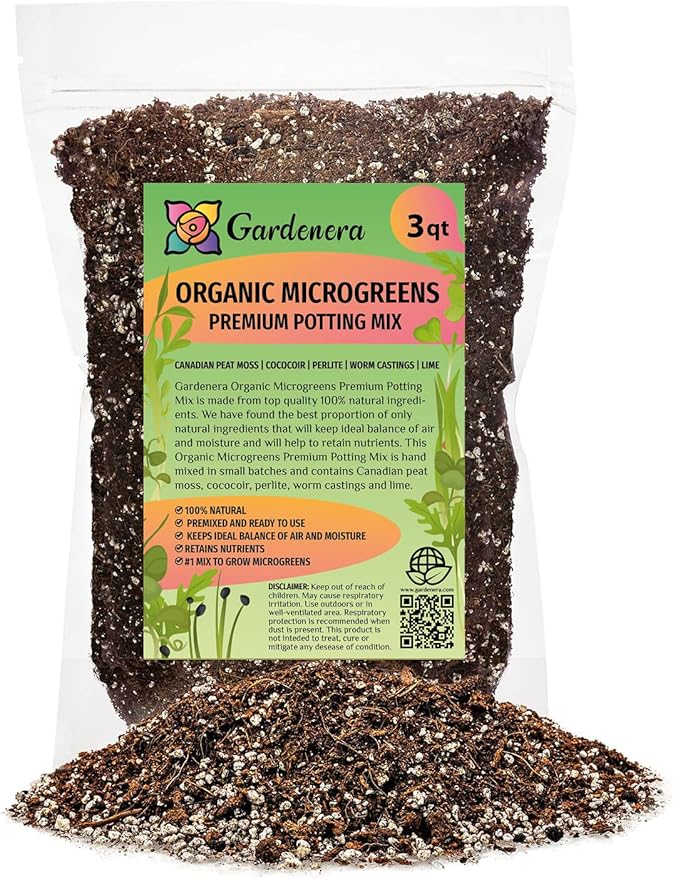 Gardenera Premium Organic Microgreens Potting Mix: Canadian Peat Moss, Cococoir, Perlite, and More - 3 Quart