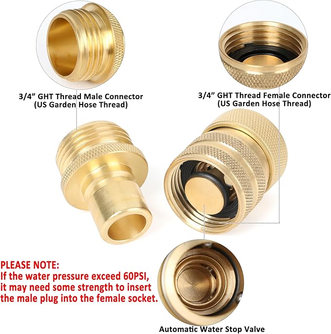STYDDI Brass Garden Hose Quick Connect Fittings with Water Stop, Solid Brass Hose Quick-Connect Fittings with Auto Shut-off, 3/4 Inch GHT Thread Garden Hose Quick Connector Adapters, 3 Female + 6 Male