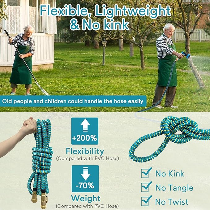 100 FT Expandable Garden Hose - 2025 New Flexible Water Hose 100ft with Solid Brass Connectors, Extra Strength Fabric and Durable Triple Layer Latex Core, Ultra Lightweight, Kink Free, Tangle Free