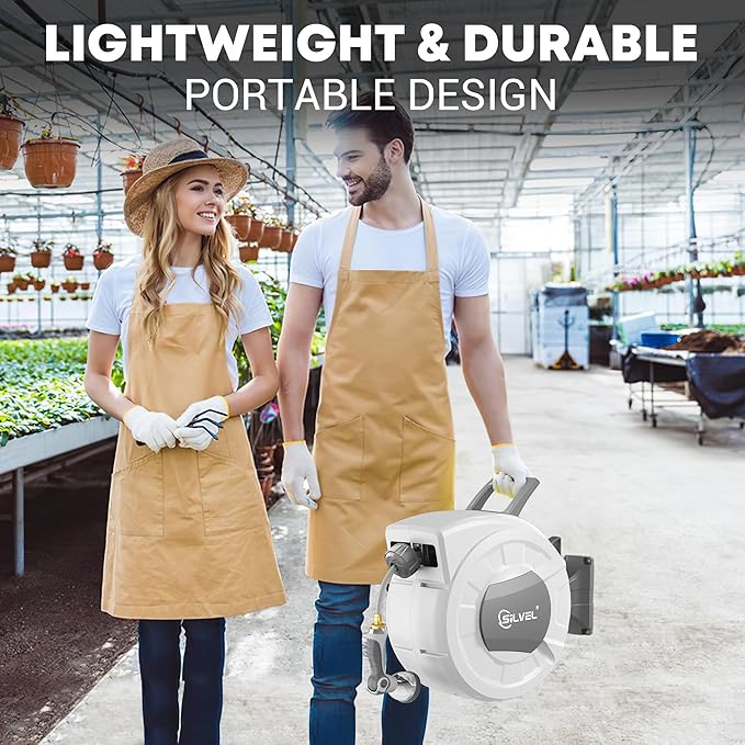 SILVEL 1/2 in x 130 FT Retractable Garden Hose Reel, Upgraded UV Resistant Heavy Duty Automatic Hose Reel Wall Mount with 10 Pattern Nozzle, Any Length Lock & Slow Return System, 180°Swivel Bracket