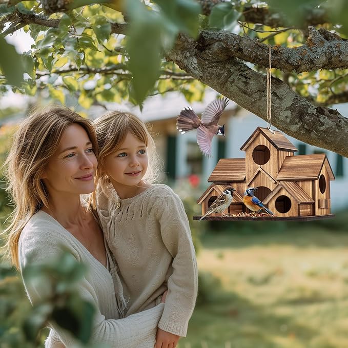 Bird Houses for Outside, Outdoor 5-Hole Birdhouse for Bluebirds, Finches, Cardinals and Yellow Finches, Wooden Hanging Birds House Wild Bird Nest Garden Decorative