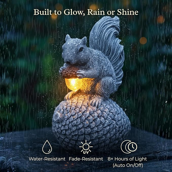 Solar Garden Statue – Hand-Painted Resin Squirrel on Pinecone with Glowing LED Acorn – Charming Yard, Patio & Balcony Decor – Gift for Mom, Grandma & Garden Lovers