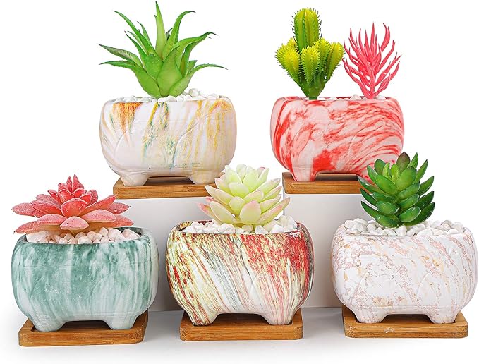 ARTKETTY Succulent Planters, 4.7" Small Succulent Pots with Drainage Rectangular Cactus Planter with Bamboo Trays Ceramic Pots for Indoor Flower Plants Set of 5