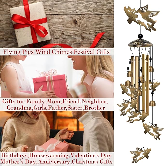 Outside Flying Pig and Horse Wind Chimes Decorate, Memorial Wind Chimes, Pigs Wind Catcher, Mobile Bronze Horses Pigs Wind Bells for Home, Yard, Tree, Patio, Garden Decoration, Festival Gifts for Mom