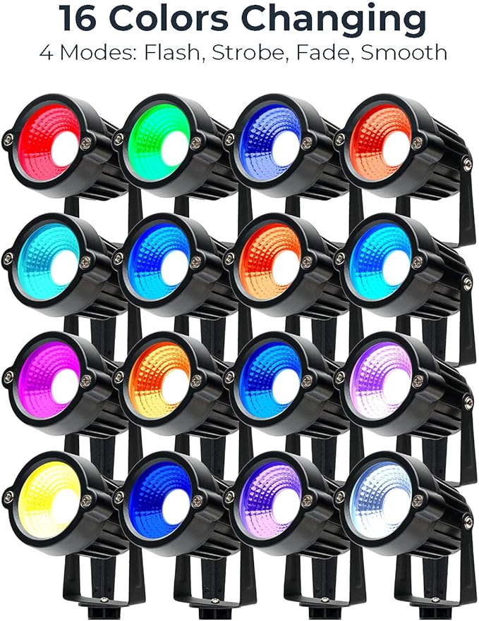 Outdoor Spotlights, Yard Spot Lights with Timer, 5W 120V RGB Colored Waterproof Memory Dimmable LED Landscape Light with Spiked Stand for Yard Lawn Pathway Tree Garden (4 Pack)