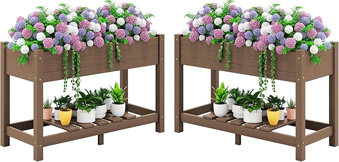 SERWALL Raised Garden Bed Set of 2, HDPE Raised Bed for Gardening All Weather Use- Brown
