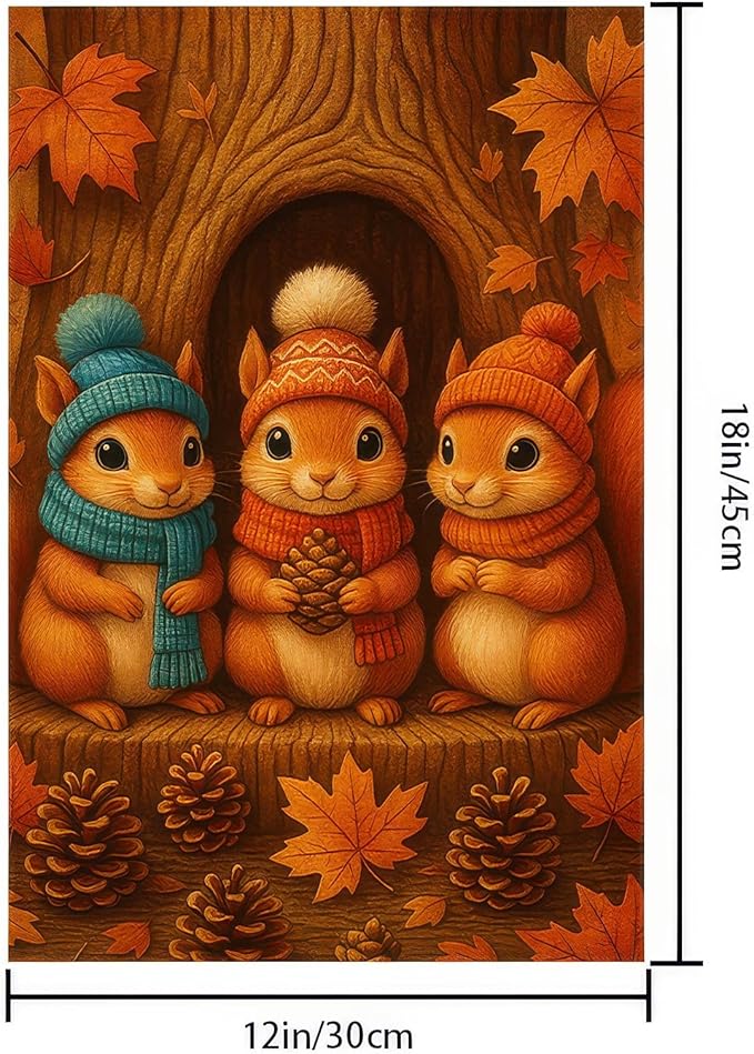 Thanksgiving Fall Garden Flag 12x18 Inch Welcome Squirrels Flag Double Sided Outdoor Autumn Yard Banner with Pinecones and Leaves for Porch Lawn Patio Seasonal Decor
