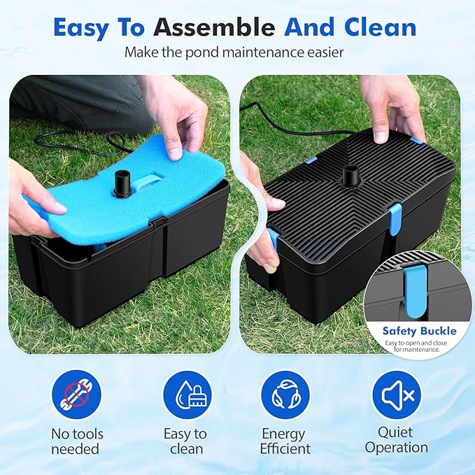 Pond Filters for Outdoor Ponds, 820 GPH Pond Filter with Fountain Pump Kits, 60W Pond Pump and Filter Kit for Koi Pond Clean, Garden Fountains, Waterfall