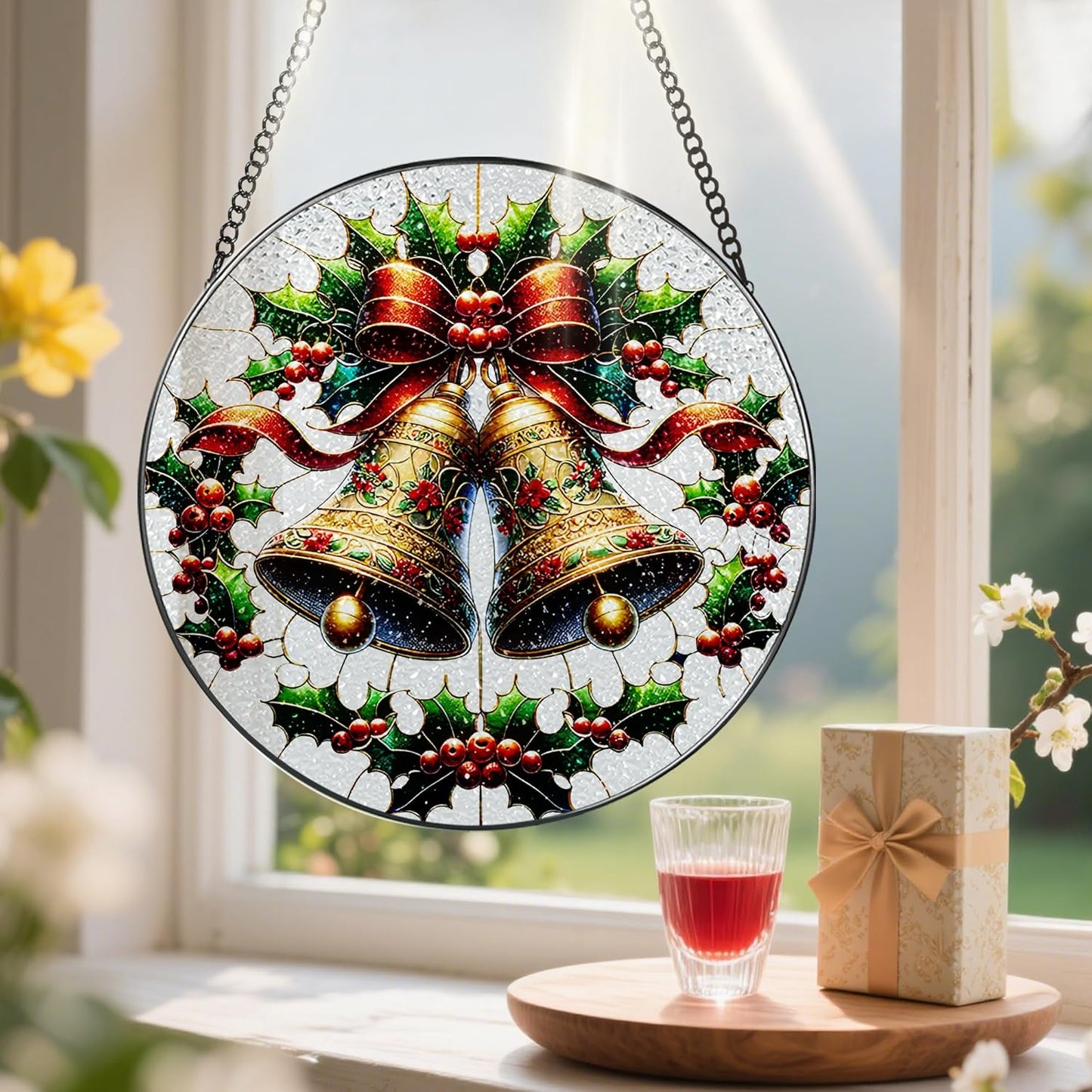 Stained Glass Window Hanging, Pauyadu Sun Catchers Indoor Window, Bells Christmas Suncatcher, Christmas Home Decor, Festive Gifts for Friends, Neighbor - 8 Inch