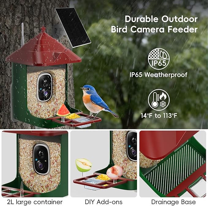 Smart Bird Feeder with Camera, Solar Panel & 5200mAh Battery, 4K HD Video, AI Identification, Instant Arrival Alerts & Alarm, IP65 Weatherproof, 32GB Card, 2L Capacity, Bird Lover’s Smart Companion