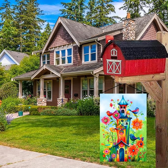 Whimsical Bird Garden Flag 12x18 Inch Double Sided Welcome House Flag Holiday Yard Outdoor Decoration