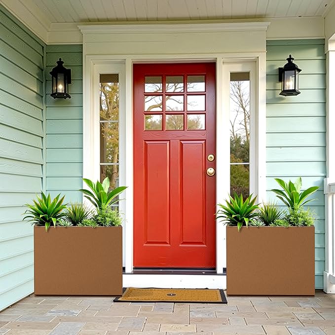 Large Rectangle Planter Metal Brown Planter Box with a Drainage Hole and a Removable Divider Indoor Outdoor Porch Pots for Tall Plants, Trees, Flowers 29.92" x 12.01" x 24.02" Brown
