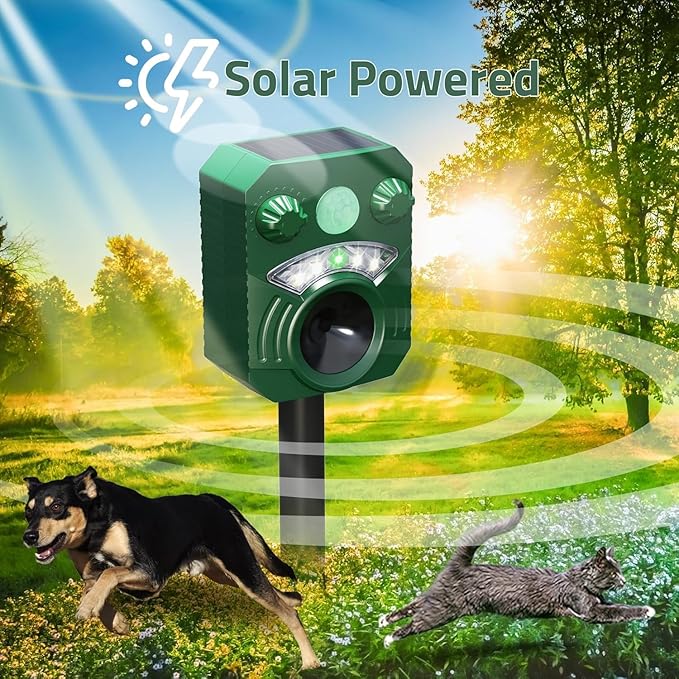 Solar Powered Animal Repeller Ultrasonic Dog Deterrent Waterproof Cat Repellent Outdoor Squirrel Deer Racoon Fox Control Device with RIP Sensor Flashing Light and 5 Modes