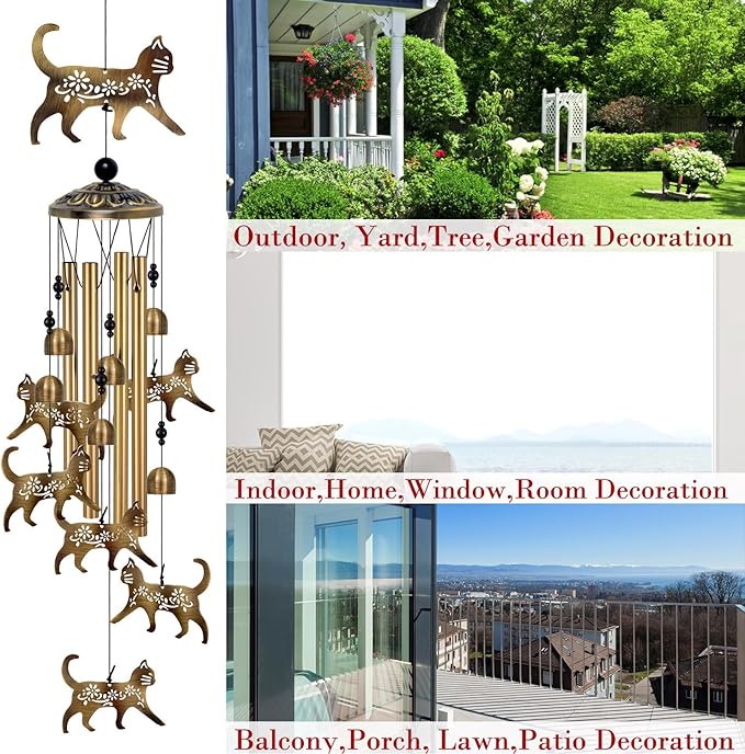 Outside Cat Wind Chime Decor, Memorial Wind Chimes, Cat Wind Catcher, Mobile Wind Bells, Bronze Wind Chimes for Home, Yard, Patio, Garden Cat Decoration, Festival Gifts for Mom, Cats Chimes
