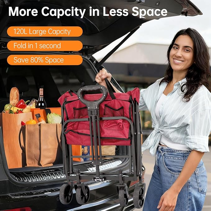 Collapsible Wagon Cart Foldable Beach Wagon with All-Terrain Wheels - 360 LBS Heavy Duty Grocery Cart for Shopping, Beach, Camping, Sports, Garden (Red)
