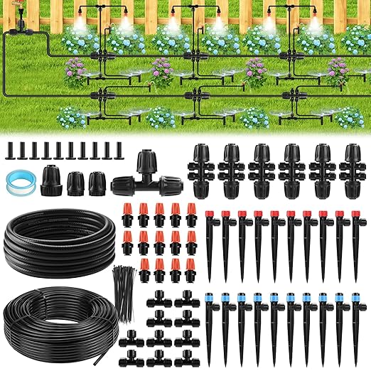 234FT Drip Irrigation System - Garden Watering System with Adjustable Three Spray Patterns with 1/2" Main Tube and 1/4" PE Distribution Tubing for Plants in Gardens, Raised Beds, Greenhouses, Lawns