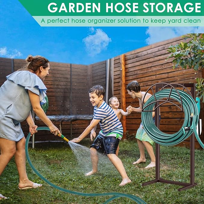 TomCare Garden Hose Holder Upgraded 4 Spikes Water Hose Holder with 2 Tool Hooks Sturdy Hose Reel Holds 150ft Hose Freestanding Hose Stand Hose Hanger Hose Storage for Outside Yard Lawn, Bronze