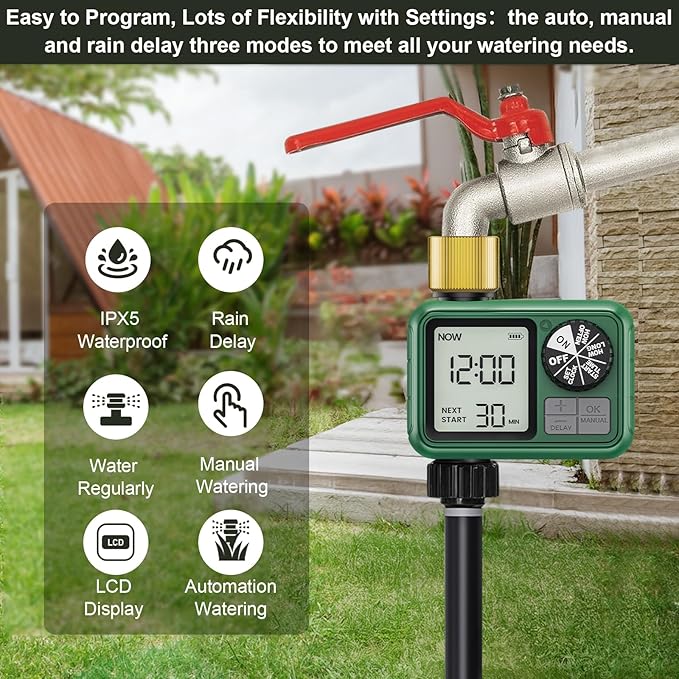2 PCS Sprinkler Timers Brass, Programmable Water Timer with Rain Delay, Manual& Automatic Watering System for Garden Hose Faucet, Waterproof Irrigation Controller Watering Lawn Evenly& Efficiently