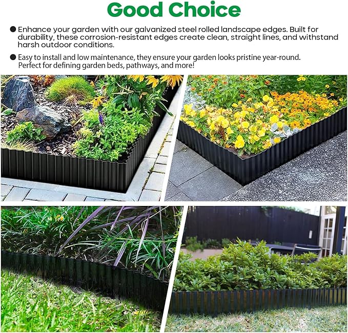 Corrugated Metal Garden Edging,Sturdy Tall Landscape Edging Borders with 6pcs Anchor Stakes, Perfect DIY for Flower Beds, Lawn and Pathway,Tree Surrounds,Paver Edges (Black 6"×20FT)